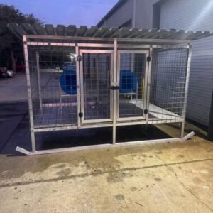 Small 2-Bay Aluminum Dog Kennel with Barrel Dog Houses