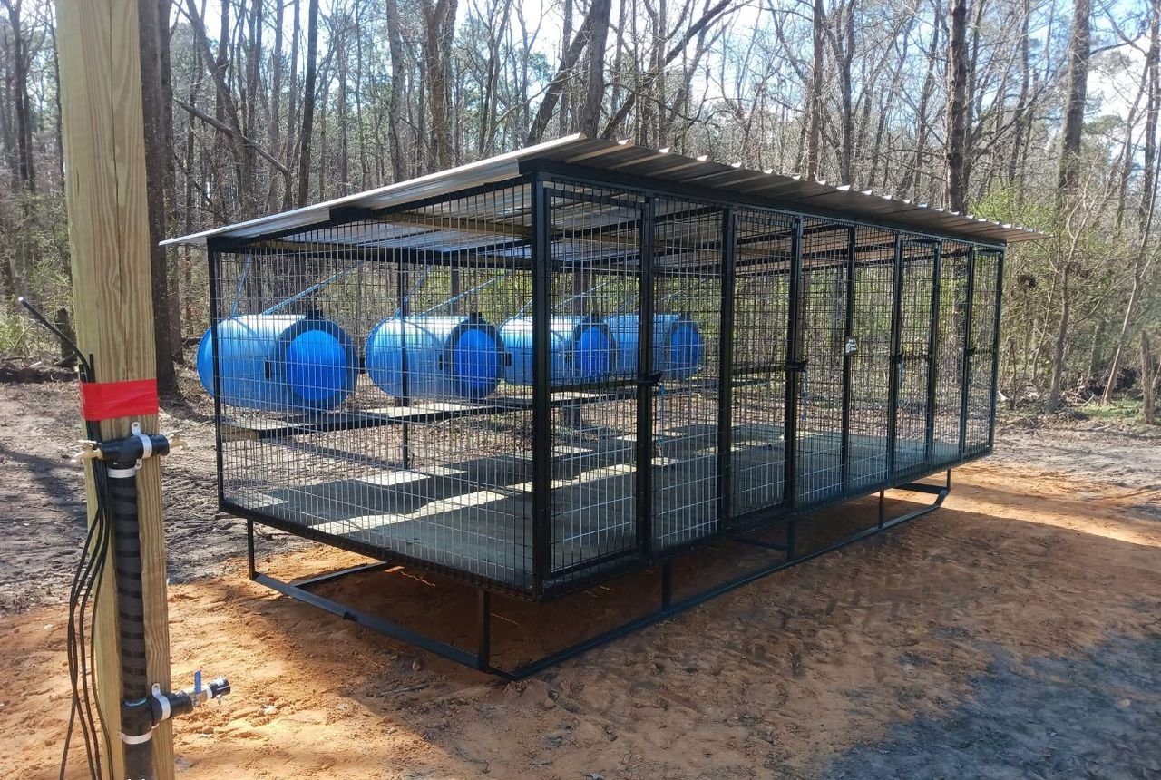Standard Four-Bay Dog Kennel with Barrel Dog Houses